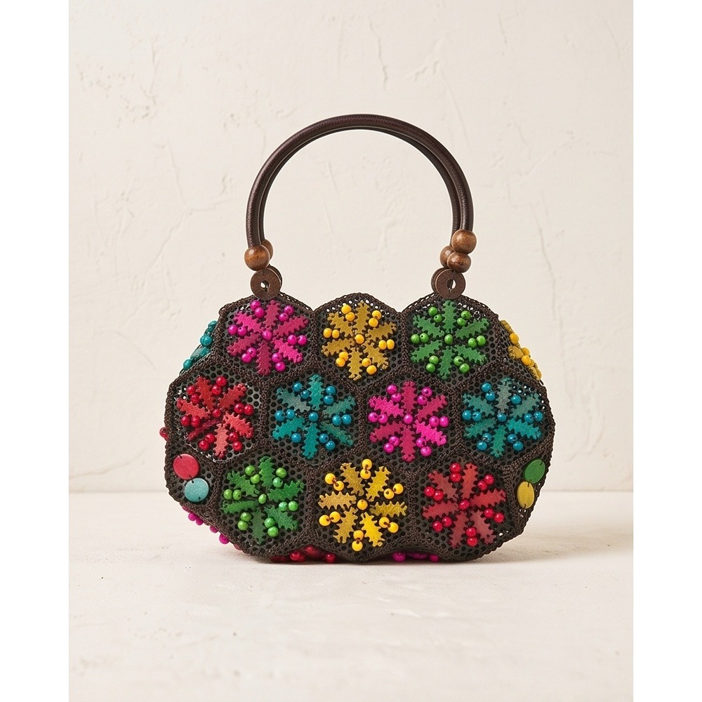 Boho Multicolor Hand Beaded Leaf Wood Acorn Vintage Handbag Purse 12x8 NEW